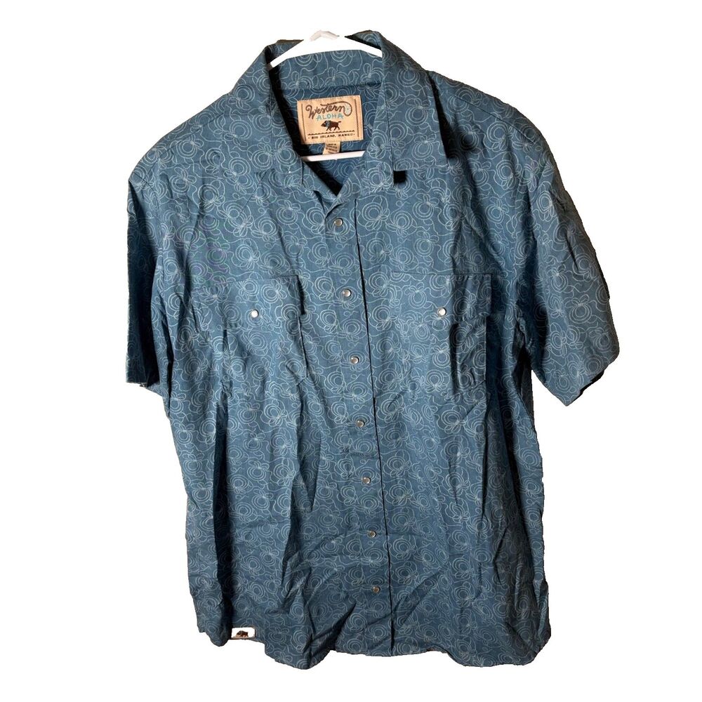 Western Aloha Shirt Men's XL Blue Short Sleeve Collared Pearl Snap Casual